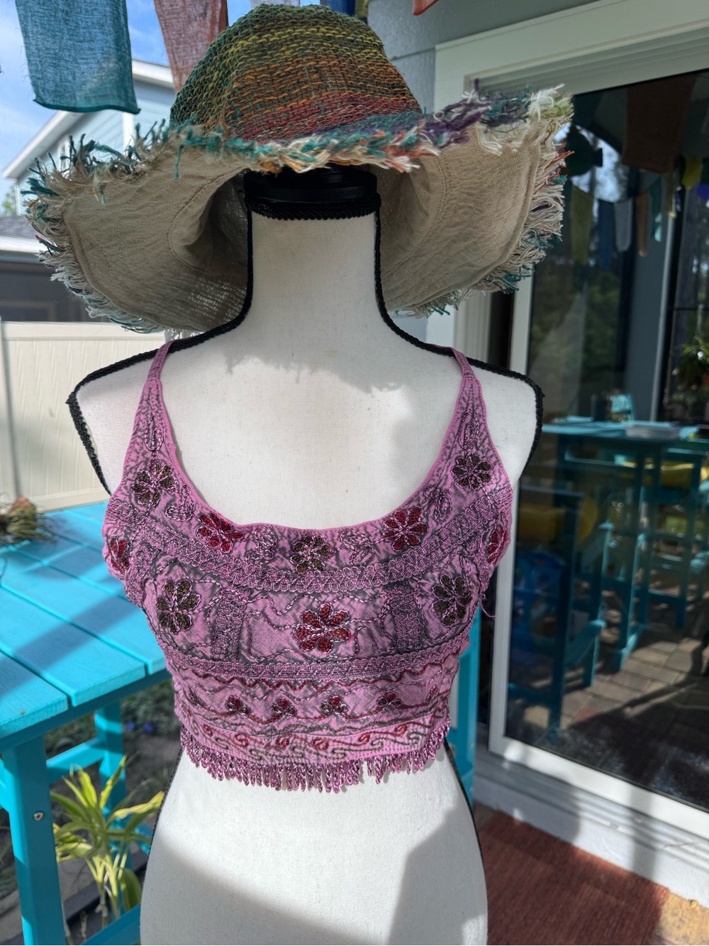 Boho Embroidered Pink Crop Tank Top